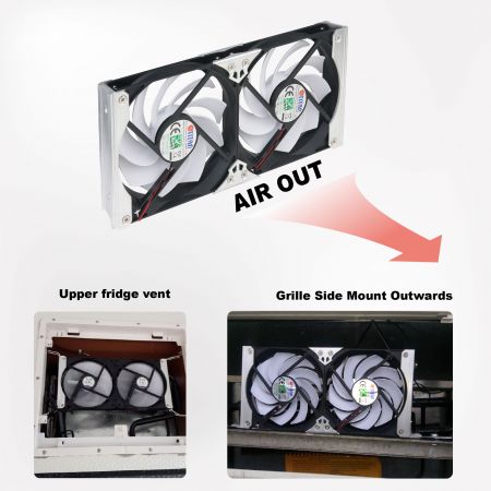 To effectively facilitate the heat dissipation process, it is recommended to mount the fan with the grille side facing outwards, allowing it to exhaust the heat from the upper section of the RV side fridge vent. Creating a dual airflow system, with both air circulation and air intake, simultaneously within the same RV fridge space is not feasible. As such, the conventional approach involves the installation of two fans to optimize the overall circulation of the RV cooling system. One fan is positioned on the upper vent, while the other is placed on the bottom vent.